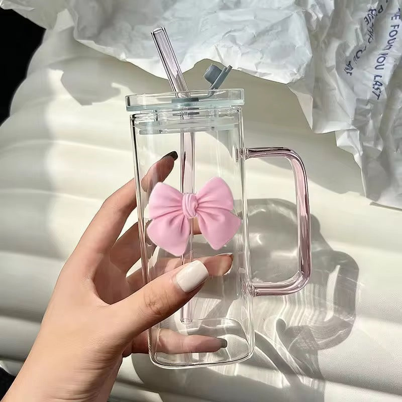 Bow Square Glass Mug With Handle , Glass Straw & Lid